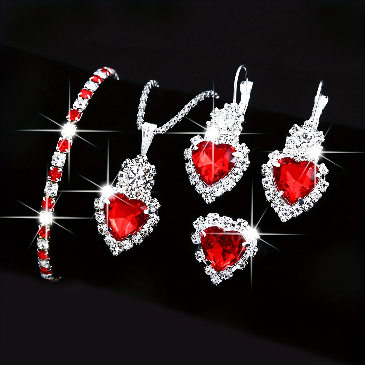 5pc Women's Heart-shaped Rhinestone Jewelry Set